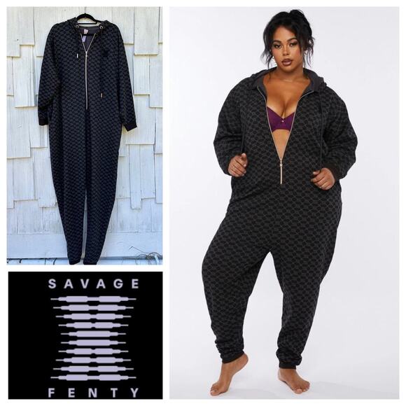 Savage X Fenty Forever Savage Hooded Black Monogram‎ Zip Front Onesie Size 1X - Picture 1 of 9